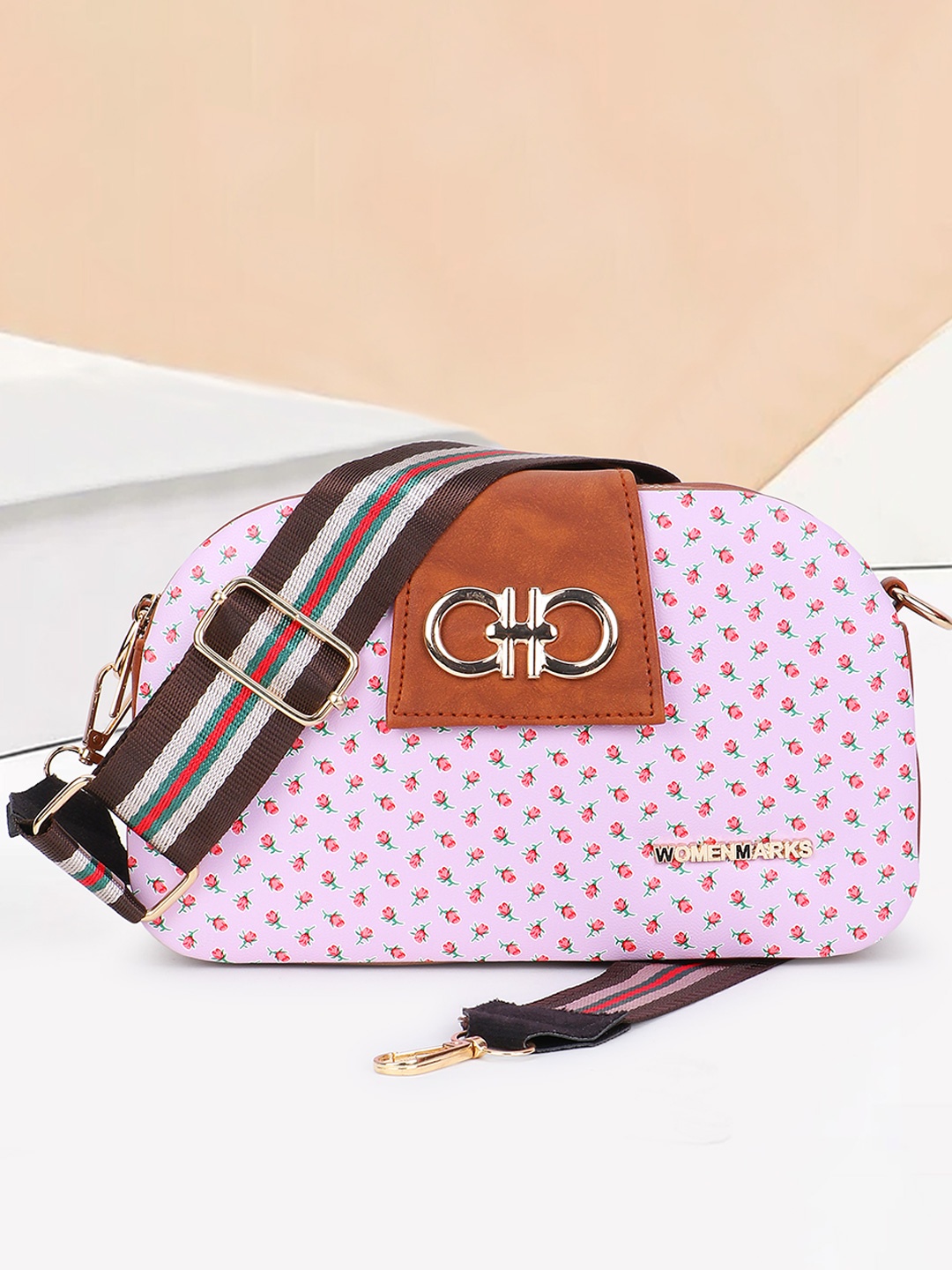 

WOMEN MARKS Floral Printed Structured Sling Bag, Pink