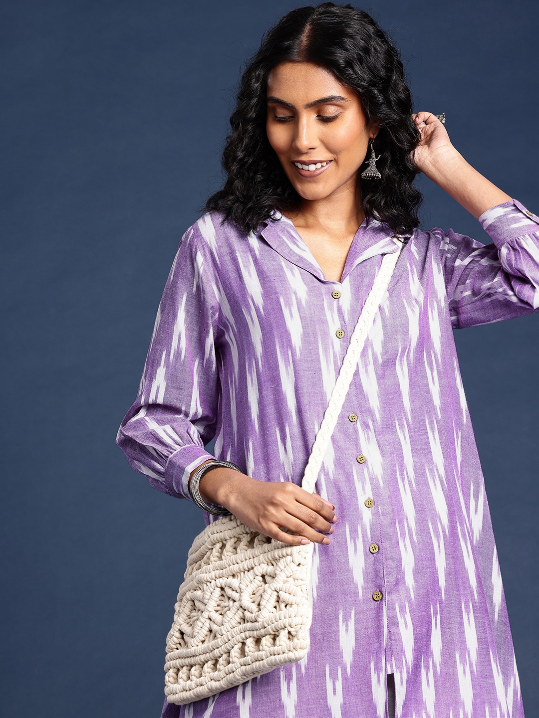 

Taavi Ikat Woven Design Shirt Collar Kurta, Lavender