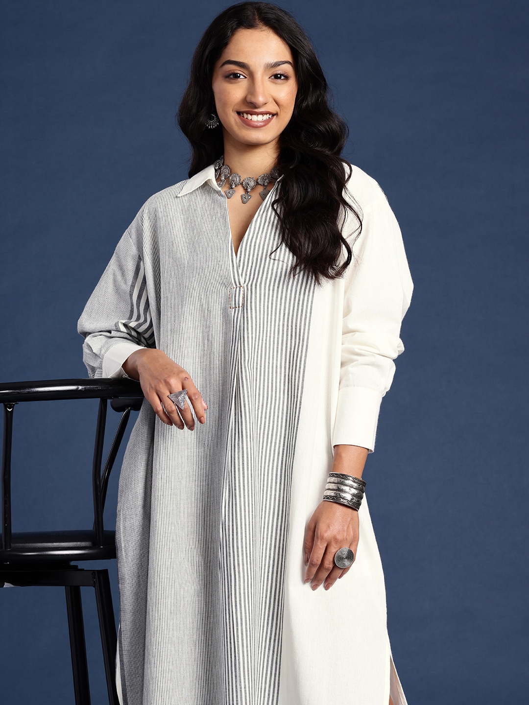 

Taavi Woven Legacy Striped A-Line Pure Cotton Ethnic Dresses, White