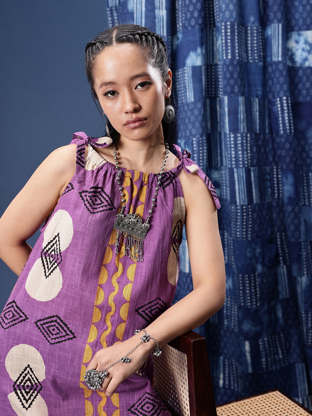 

Taavi Pure Cotton Geometric Printed Shoulder Straps A-Line Midi Sanganeri Ethnic Dresses, Purple