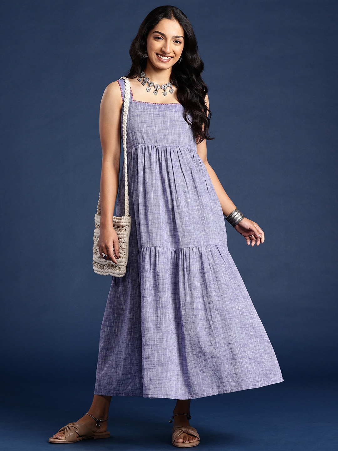 

Taavi Woven Legacy A-Line Tired Pure Cotton Ethnic Dresses, Purple
