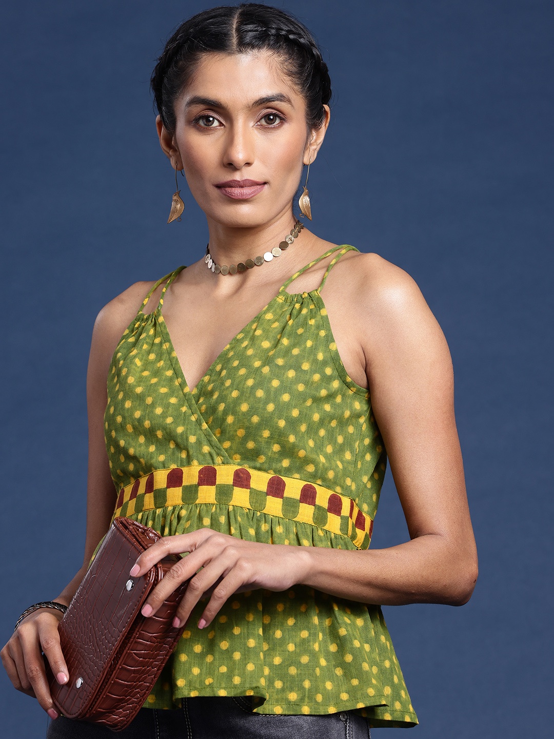 

Taavi Shoulder Straps Geometric Print Pure Cotton Sanganeri Top, Green