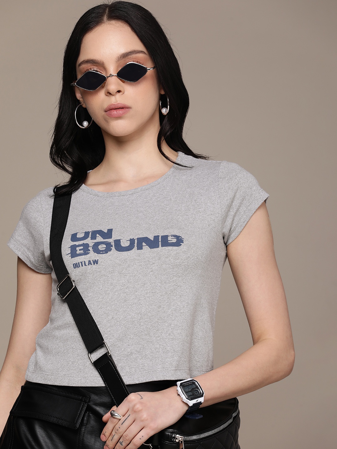 

The Roadster Life Co. Typography Printed Crop T-shirt, Grey melange