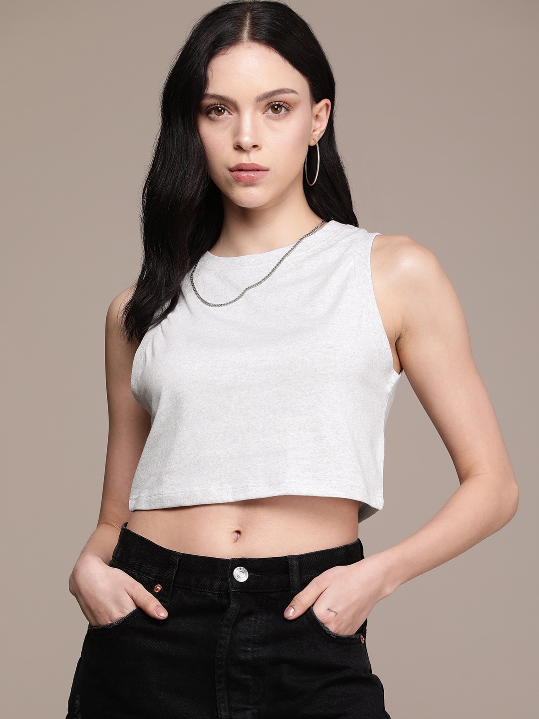 

The Roadster Life Co. Solid Sleeveless Crop T-shirt, Grey melange