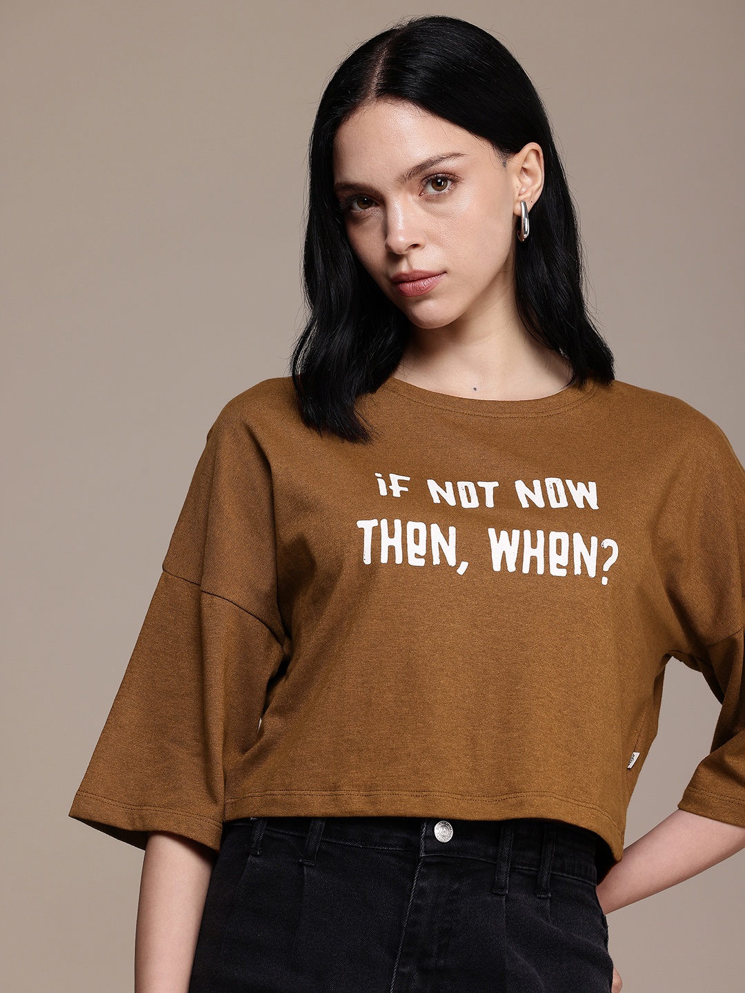 

The Roadster Life Co. Typography Printed Drop-Shoulder Sleeves Oversized T-shirt, Brown