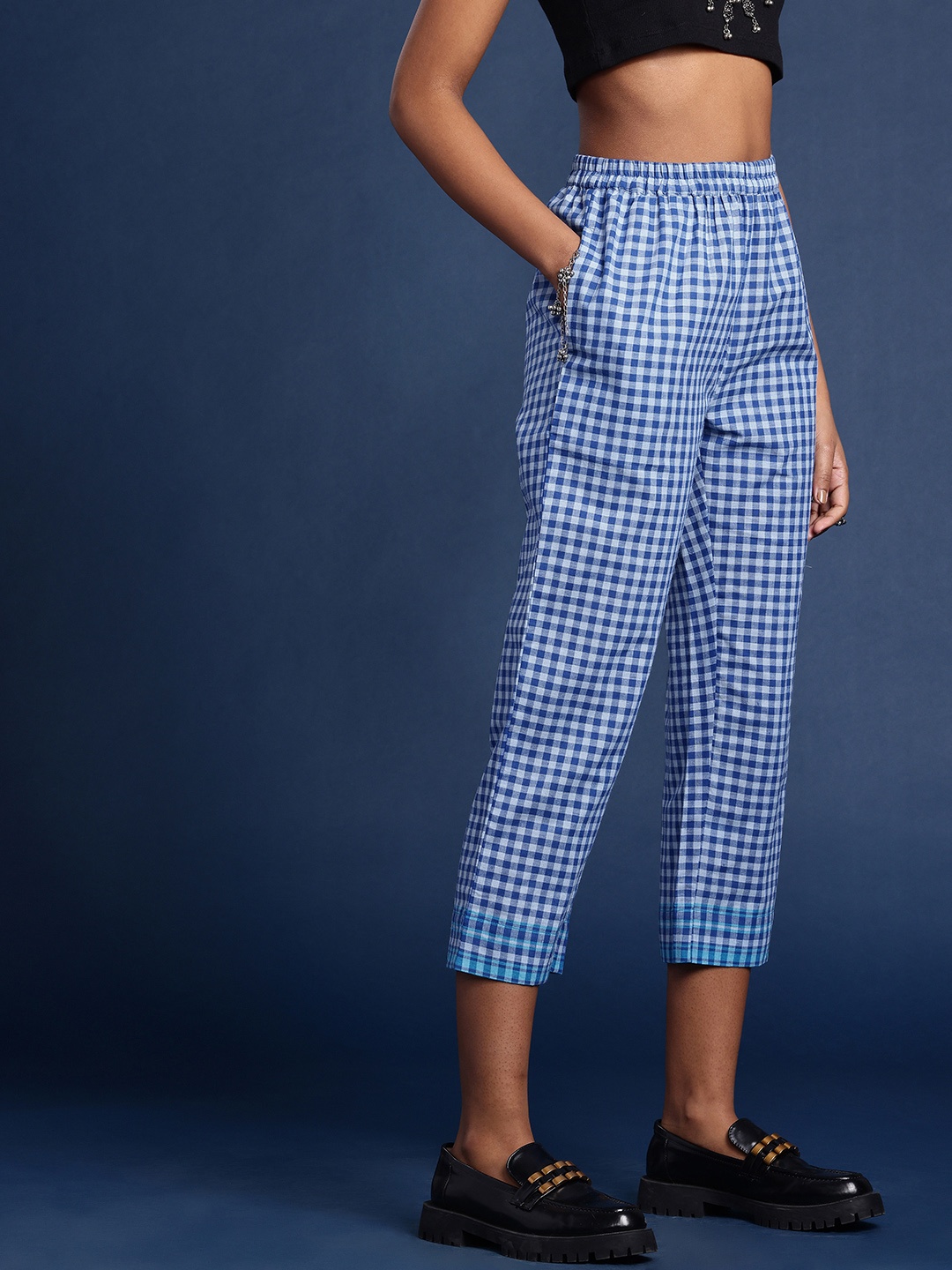 

Taavi Women Cotton Checked Nagri Weaves Trousers, Blue