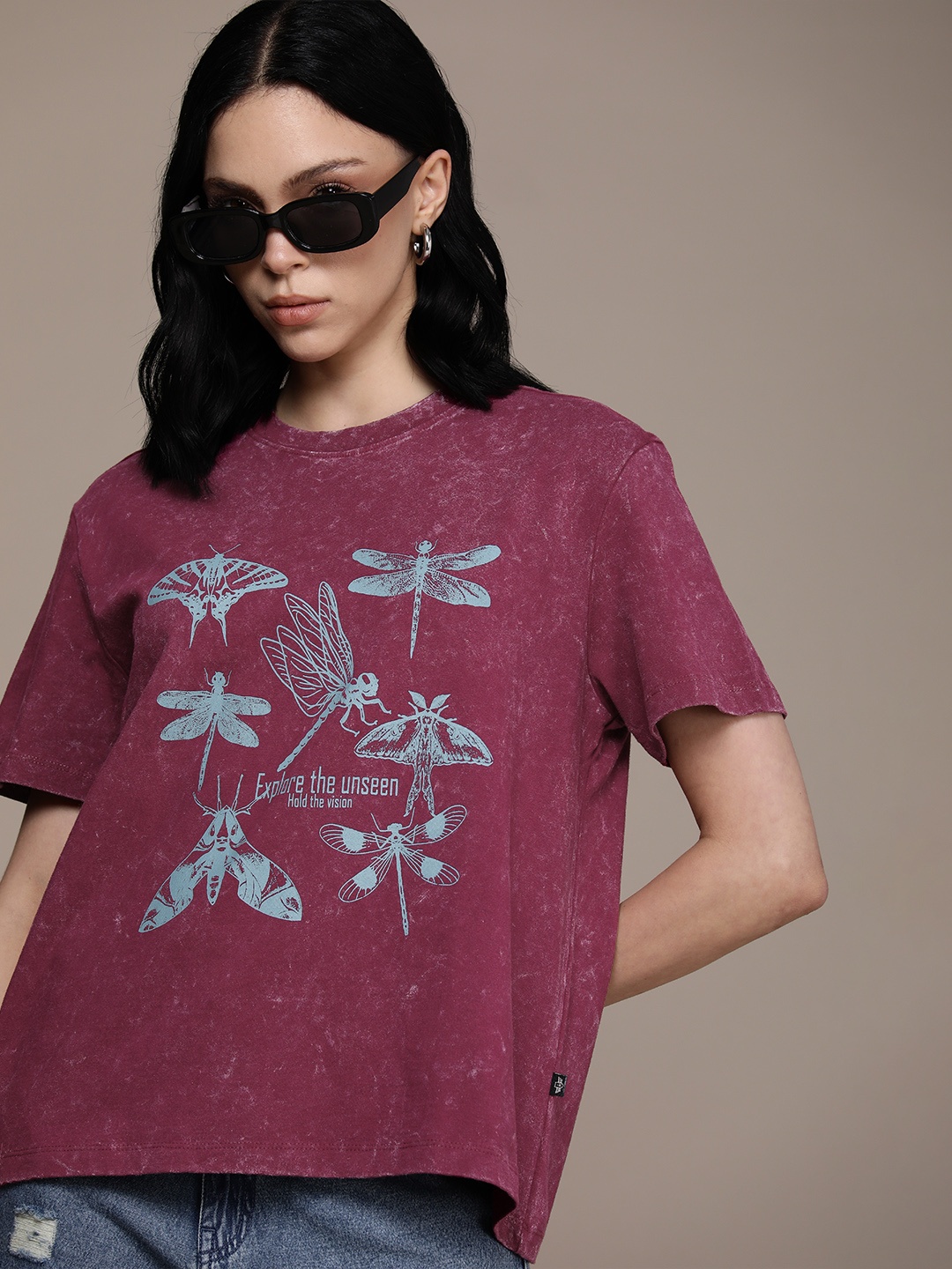 

The Roadster Life Co. Printed Drop-Shoulder Sleeves Pure Cotton Oversized Washed T-shirt, Magenta