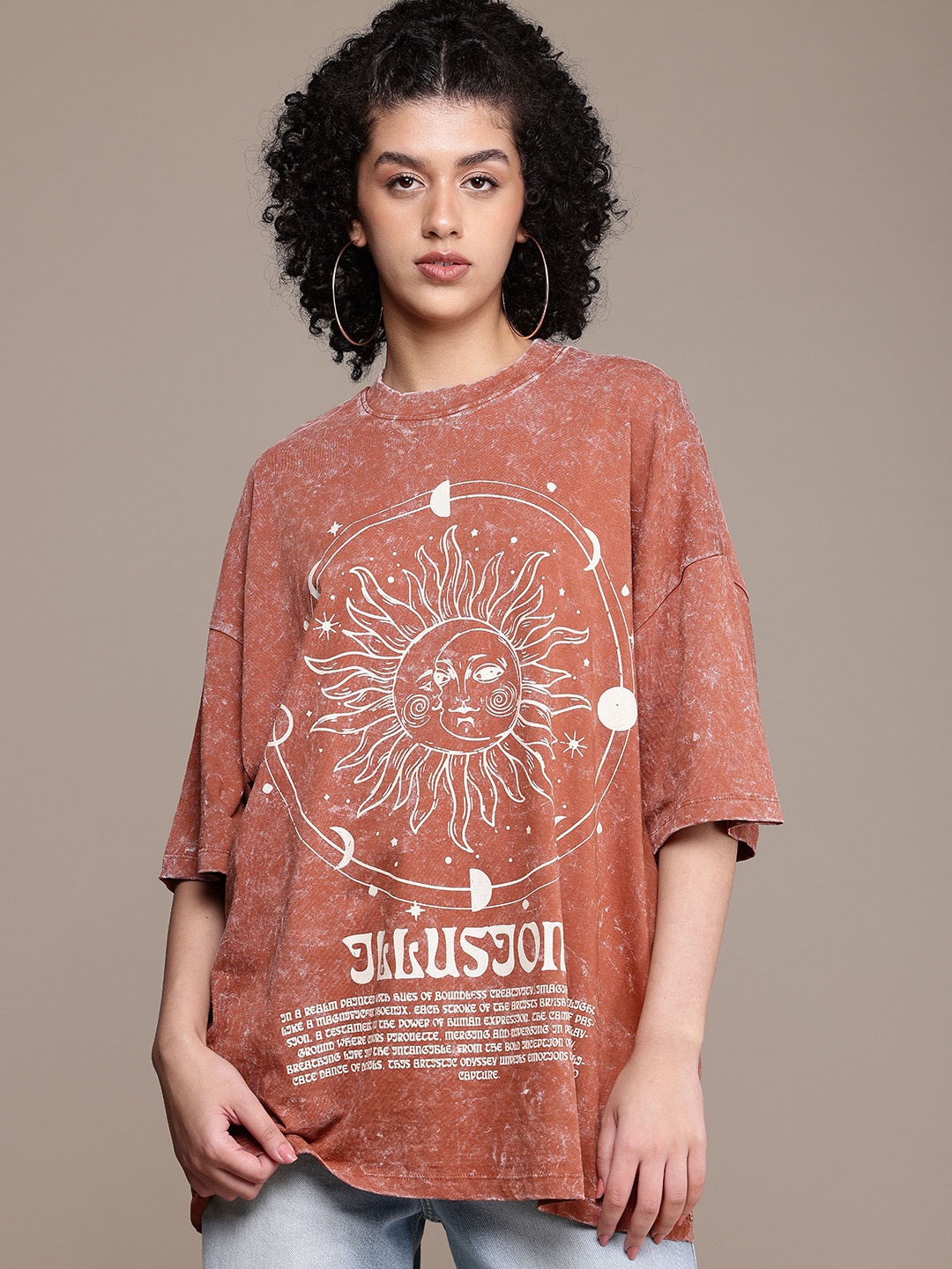 

The Roadster Life Co. Pure Cotton Graphic Printed Drop-Shoulder Sleeves Oversized T-shirt, Brown