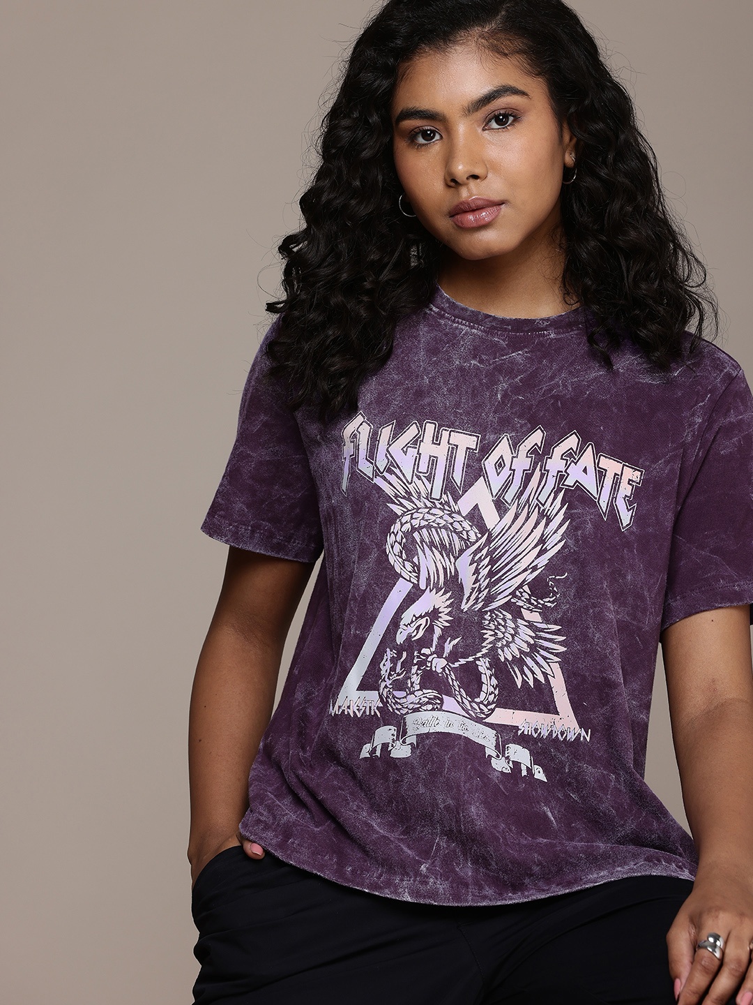 

The Roadster Life Co. Printed Drop-Shoulder Sleeves Pure Cotton Washed Effect Boxy T-shirt, Purple