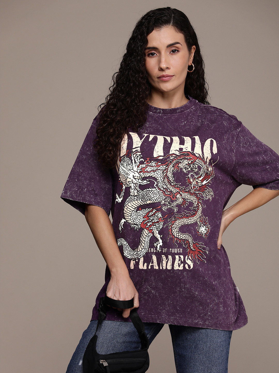 

The Roadster Life Co. Pure Cotton Graphic Printed Drop-Shoulder Sleeves Oversized Washed T-shirt, Purple