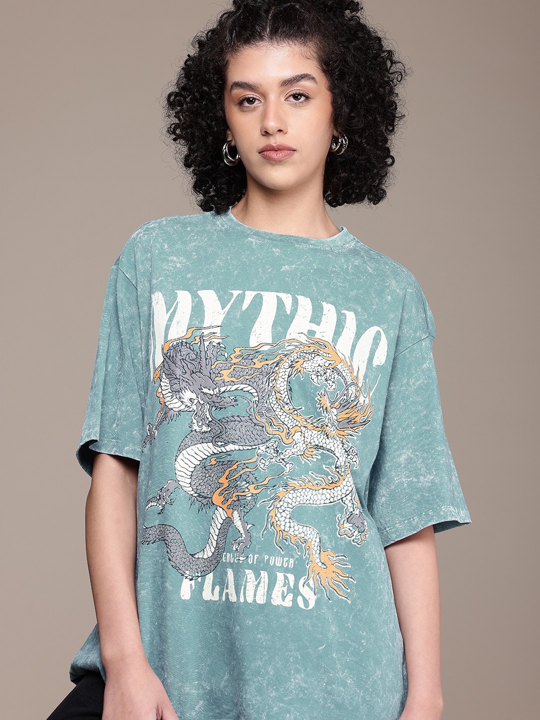 

The Roadster Life Co. Printed Drop-Shoulder Sleeves Pure Cotton Oversized Washed T-shirt, Blue