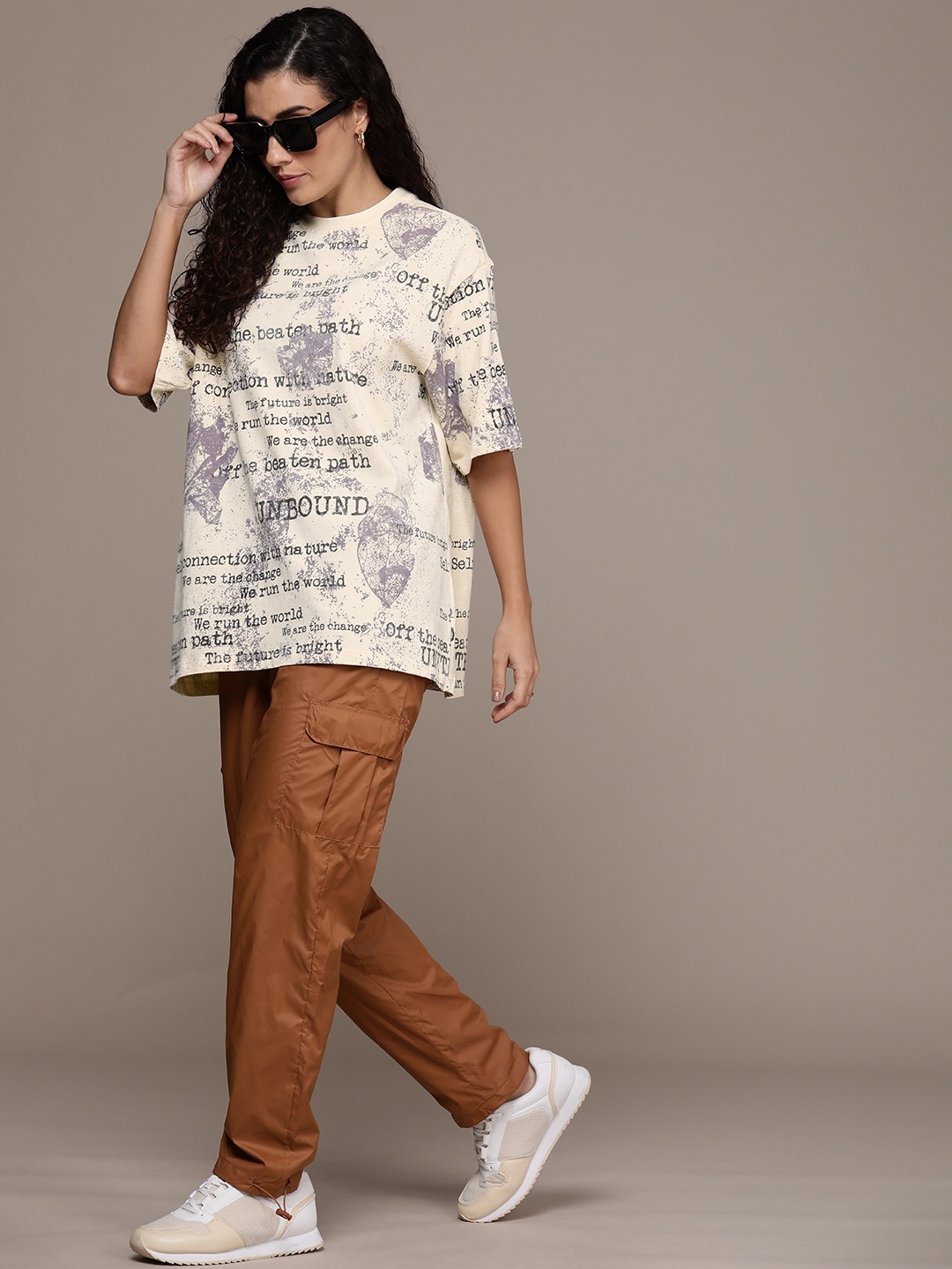 

The Roadster Life Co. Printed Drop-Shoulder Sleeves Pure Cotton Oversized Washed T-shirt, Beige