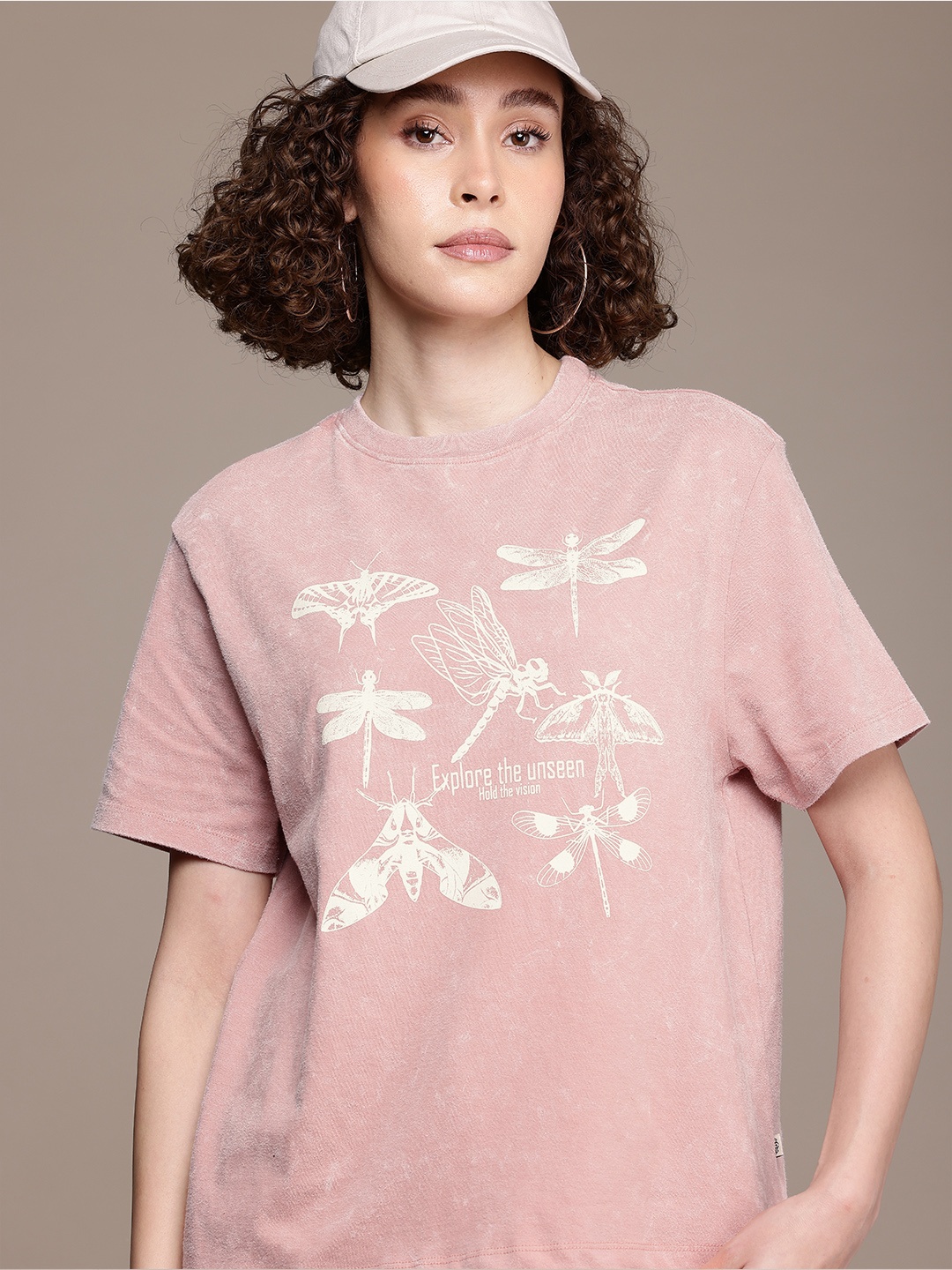 

The Roadster Life Co. Printed Drop-Shoulder Sleeves Pure Cotton Washed Boxy T-shirt, Pink