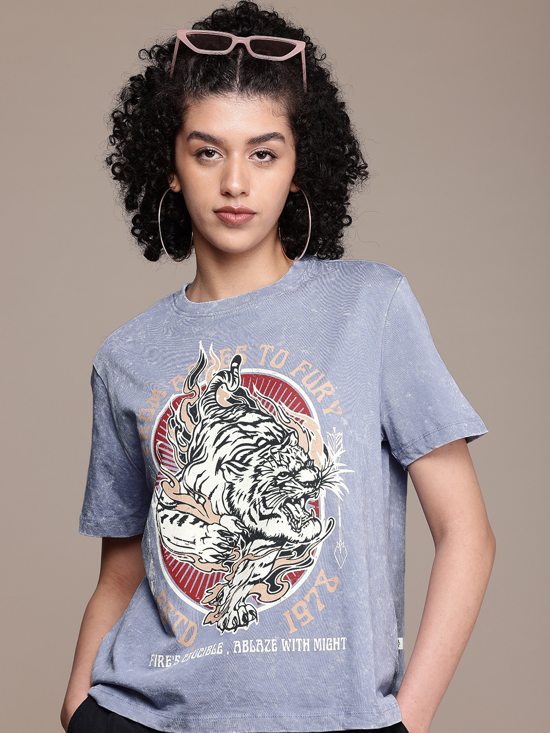 

The Roadster Life Co. Printed Drop-Shoulder Sleeves Pure Cotton Boxy Washed T-shirt, Blue