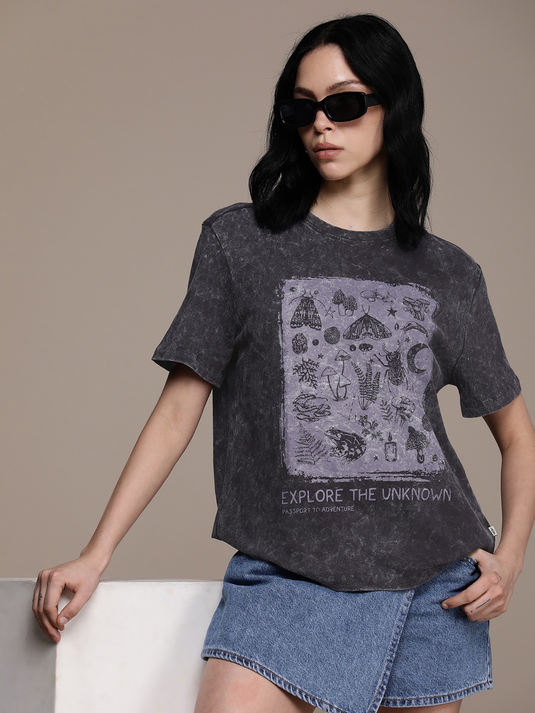 

The Roadster Life Co. Printed Drop-Shoulder Sleeves Pure Cotton Boxy T-shirt, Grey