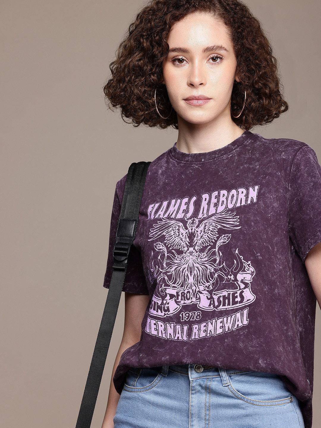 

The Roadster Life Co. Printed Drop-Shoulder Sleeves Pure Cotton Boxy Washed T-shirt, Purple
