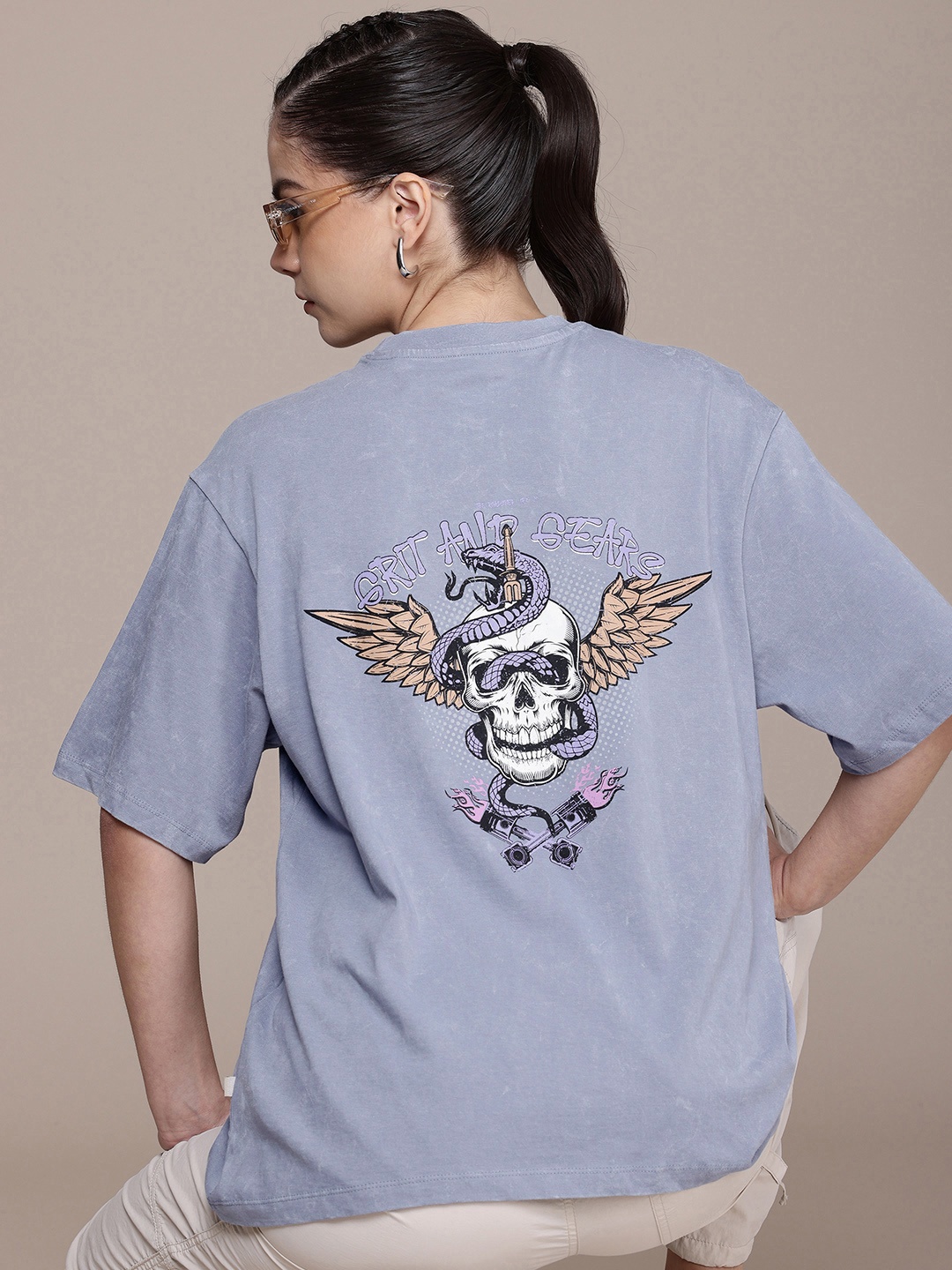 

The Roadster Life Co. Printed Drop-Shoulder Washed Effect Pure Cotton Oversized T-shirt, Blue