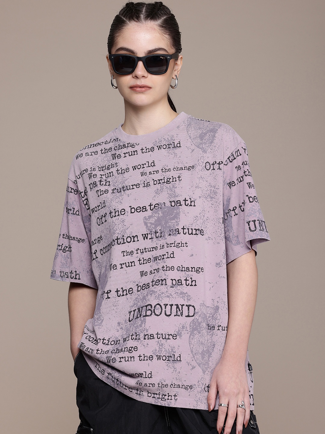 

The Roadster Life Co. Typography Drop-Shoulder Washed Effect Pure Cotton Oversized T-shirt, Mauve