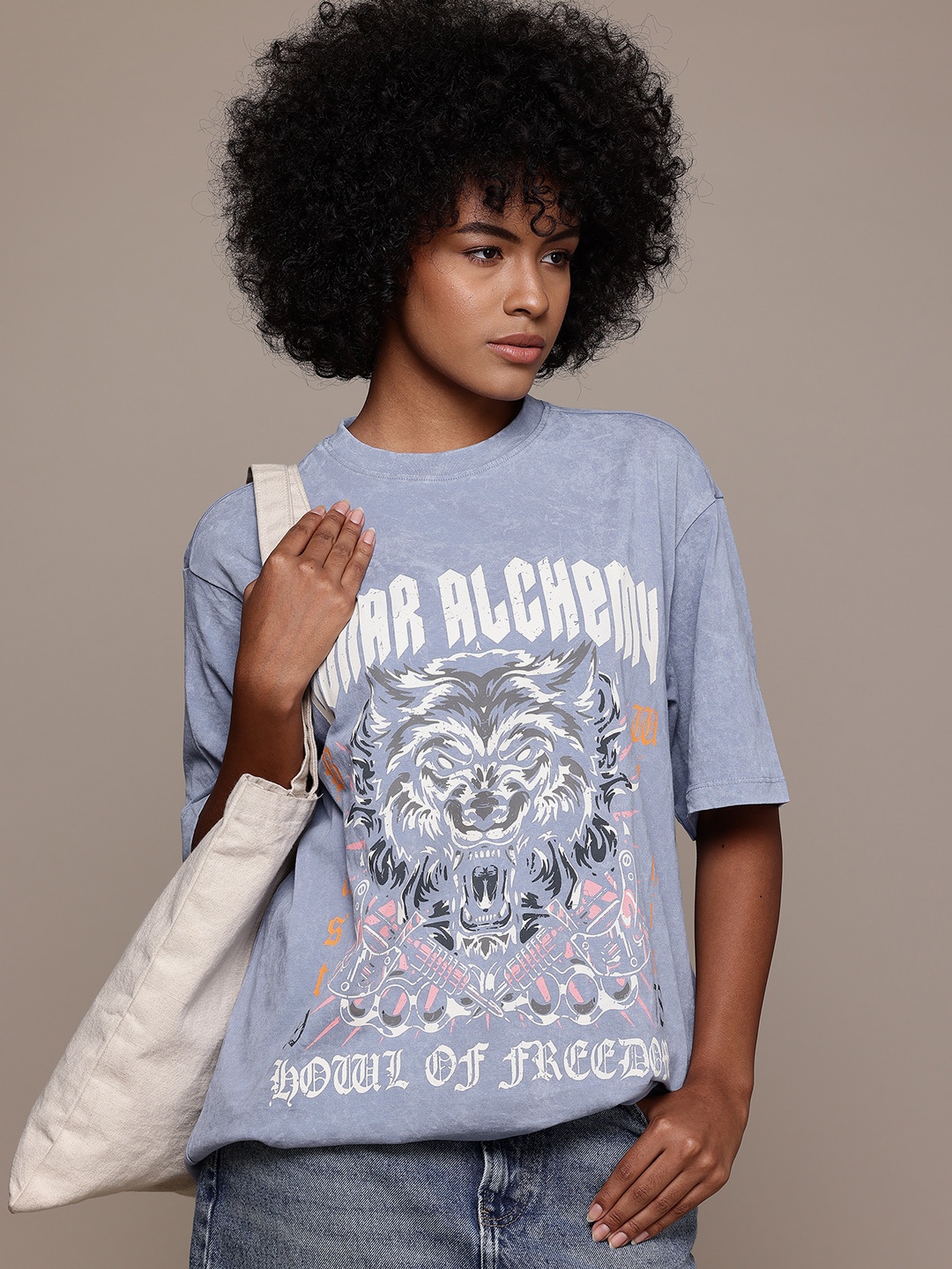 

The Roadster Lifestyle Co. Printed Drop-Shoulder Sleeves Cotton Oversized Washed T-shirt, Blue
