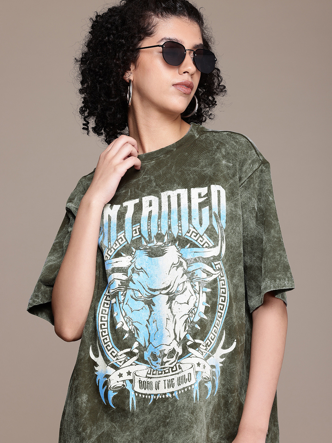 

The Roadster Life Co. Printed Drop-Shoulder Sleeves Pure Cotton Washed Oversized T-shirt, Olive