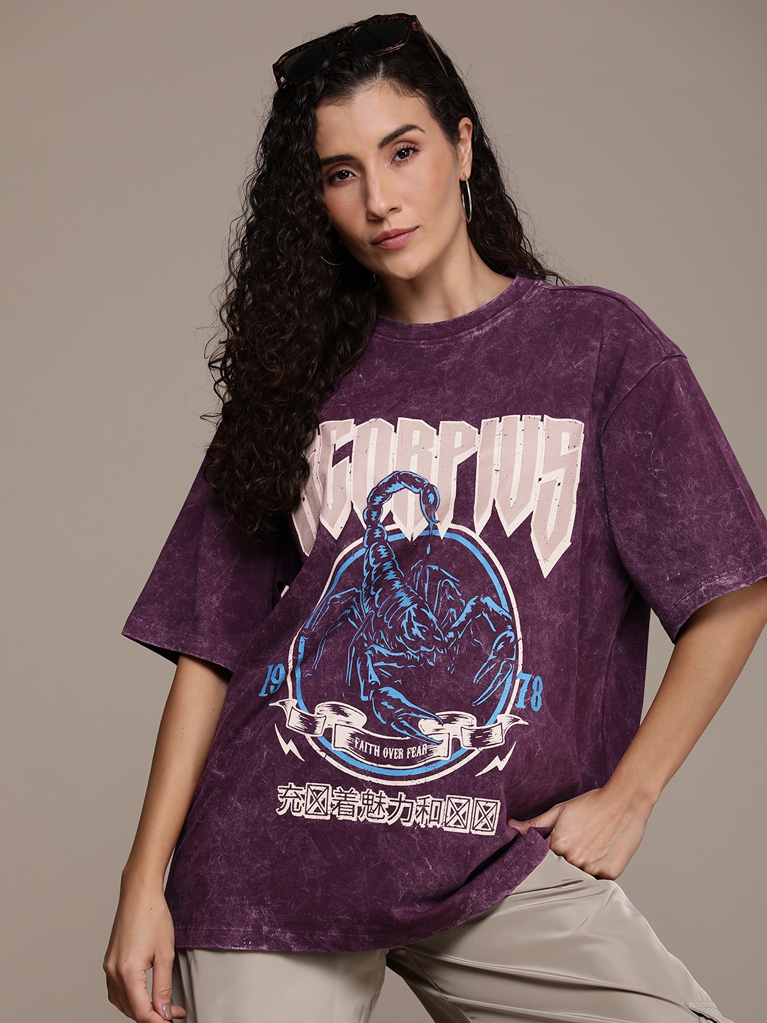 

The Roadster Life Co. Printed Drop-Shoulder Sleeves Pure Cotton Oversized Washed T-shirt, Purple