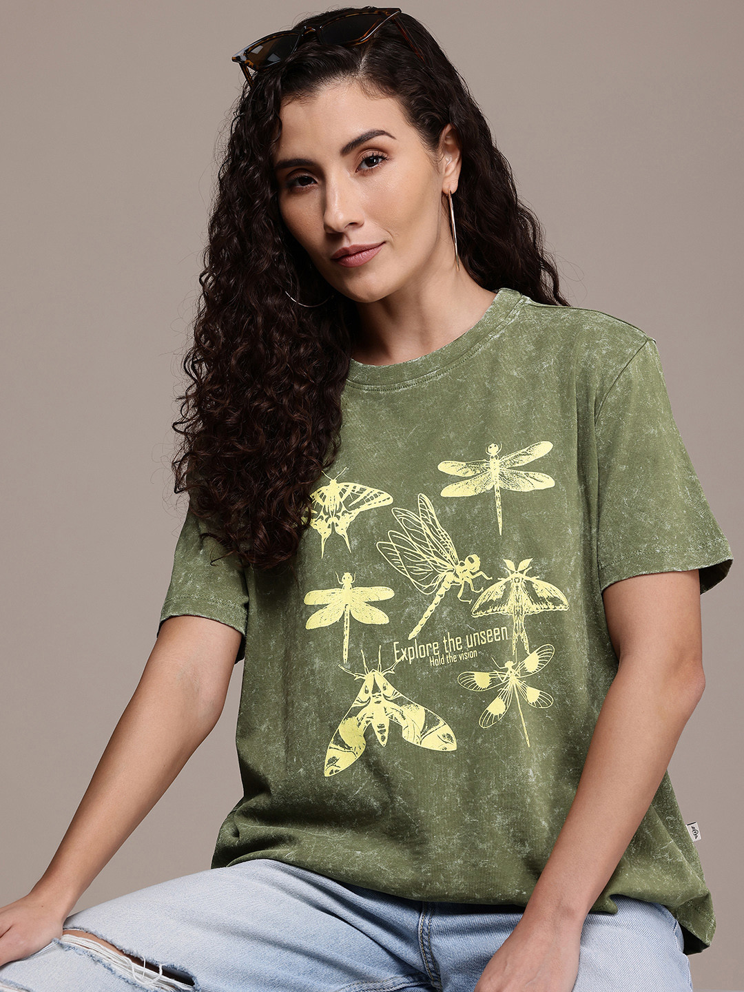 

The Roadster Life Co. Printed Drop-Shoulder Sleeves Pure Cotton Washed Boxy T-shirt, Green