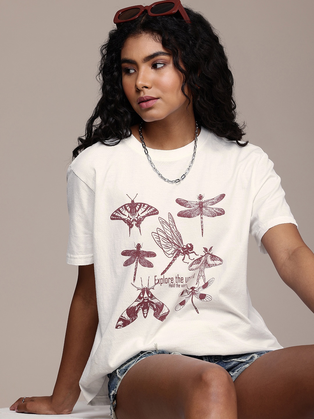 

The Roadster Life Co. Graphic Printed Drop-Shoulder Sleeves Pure Cotton Boxy T-shirt, White