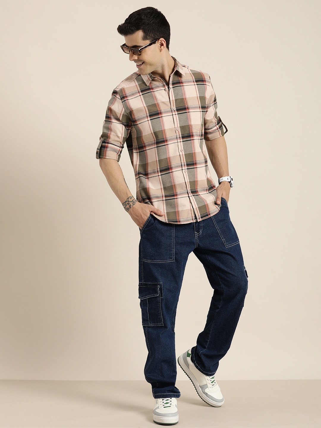 

HERE&NOW Pure Cotton Slim Fit Tartan Checked Casual Shirt, Beige