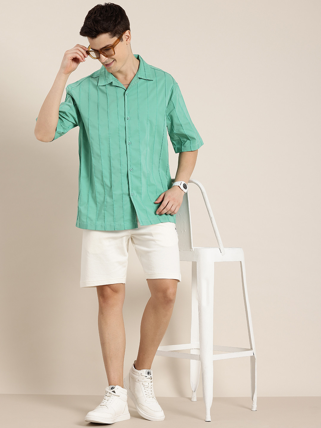 

HERE&NOW Striped Cuban Collar Relaxed Fit Shirt, Green