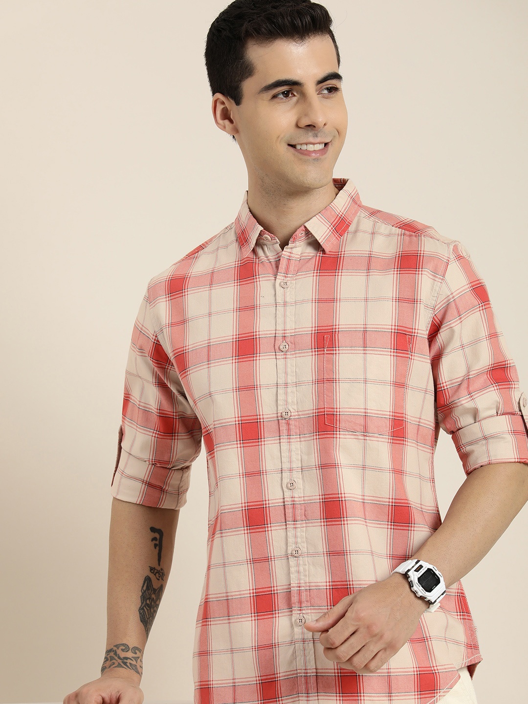 

HERE&NOW Pure Cotton Slim Fit Tartan Checked Casual Shirt, Beige