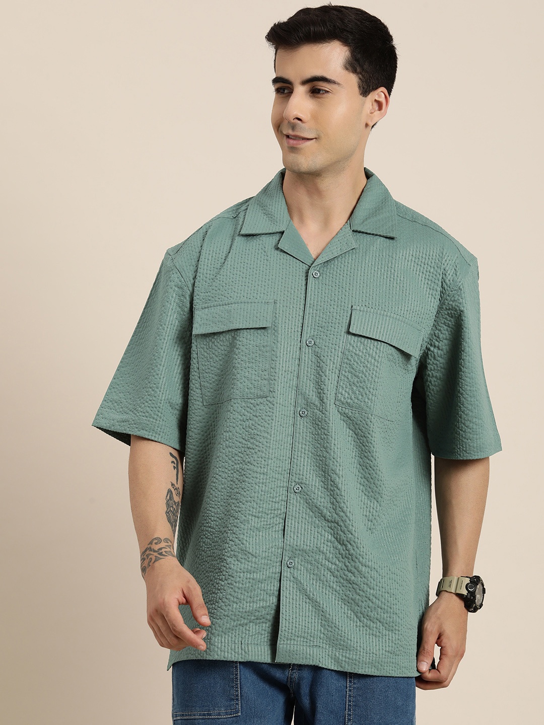 

HERE&NOW Self Design Relaxed Fit Casual Shirt, Green