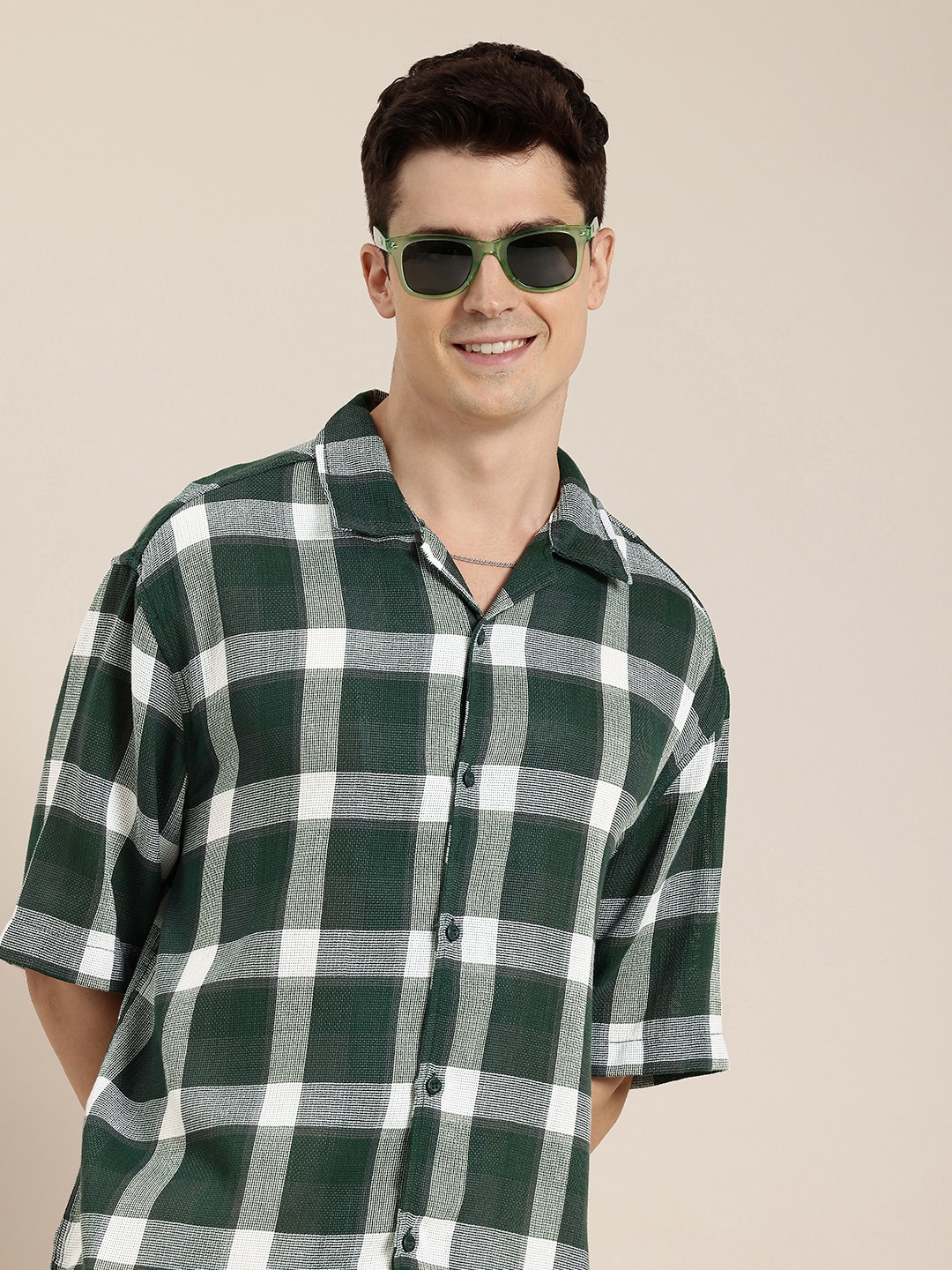 

HERE&NOW Windowpane Checked Opaque Casual Shirt, Green