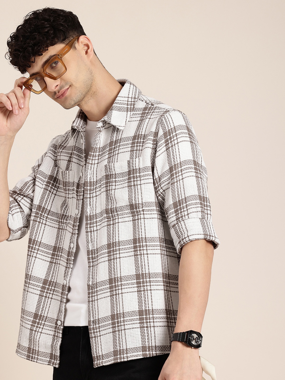 

HERE&NOW Opaque Checked Relaxed Fit Casual Shirt, White