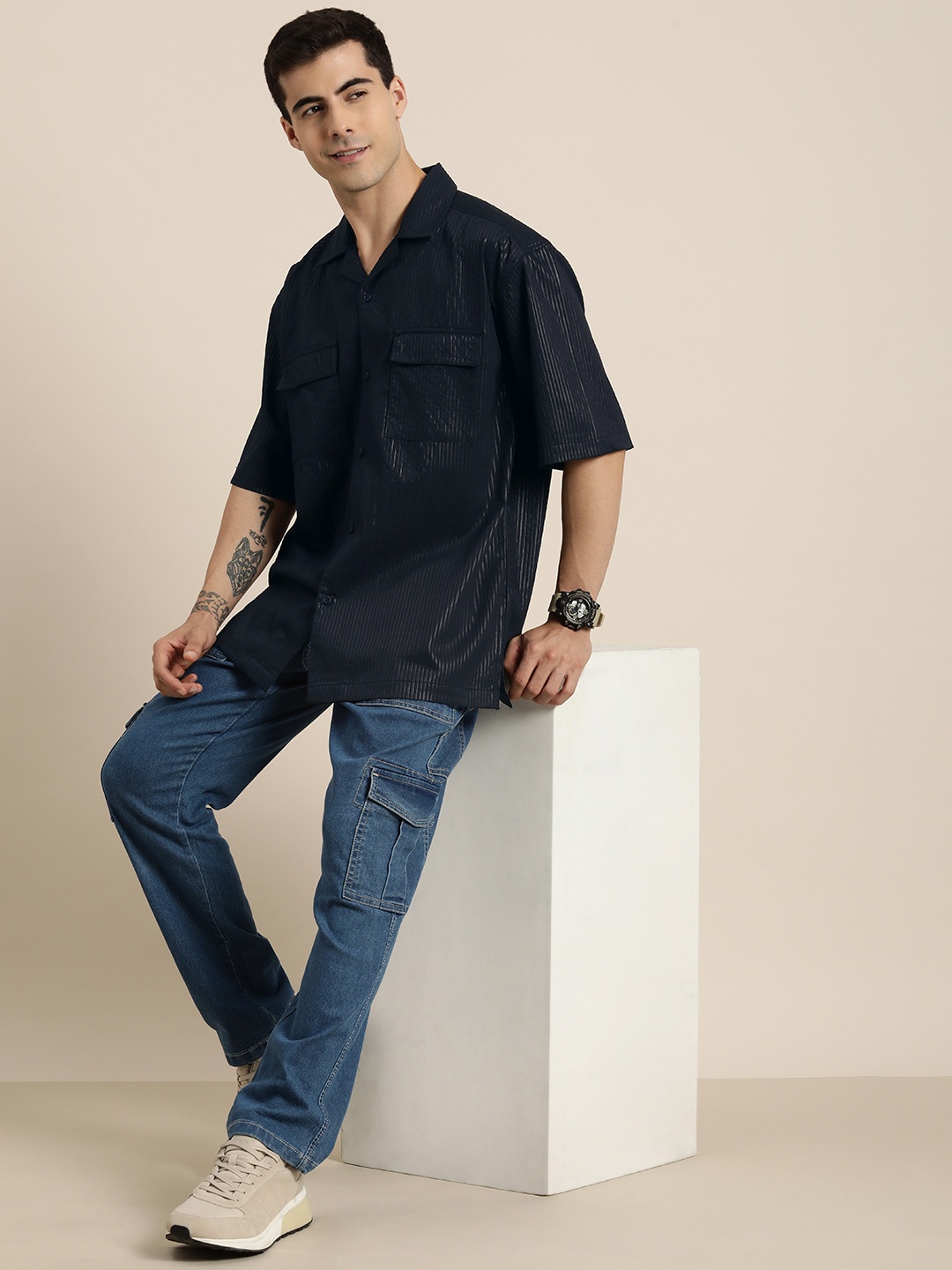 

HERE&NOW Self Design Relaxed Fit Casual Shirt, Navy blue