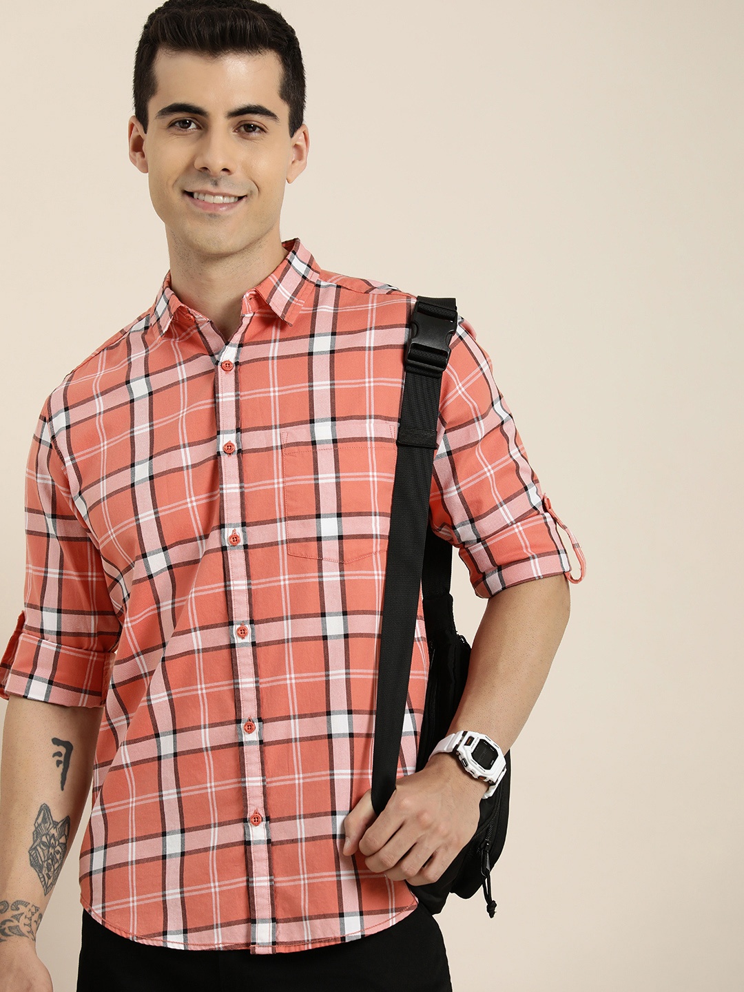 

HERE&NOW Pure Cotton Slim Fit Tartan Checked Casual Shirt, Peach