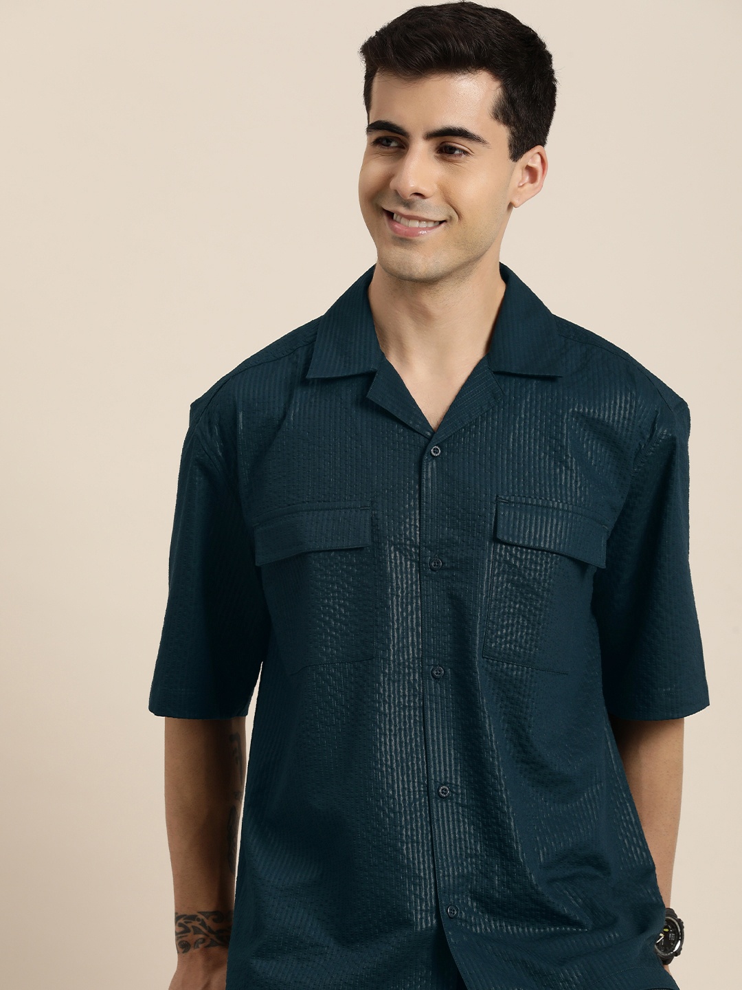 

HERE&NOW Men Relaxed Opaque Casual Shirt, Teal