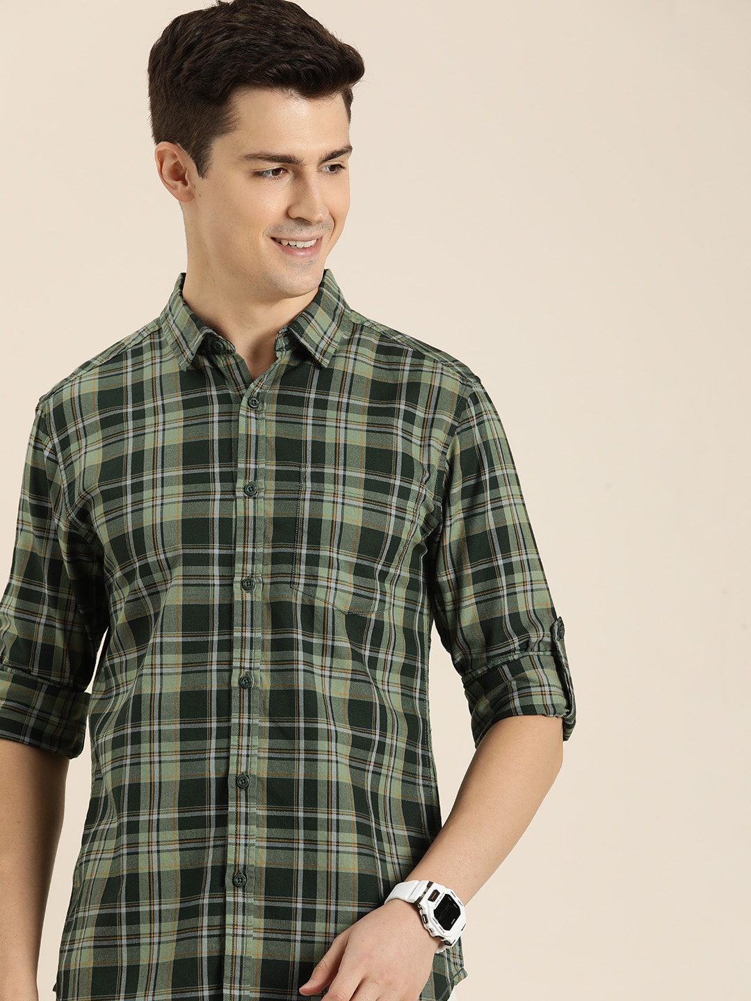 

HERE&NOW Pure Cotton Slim Fit Checked Casual Shirt, Green