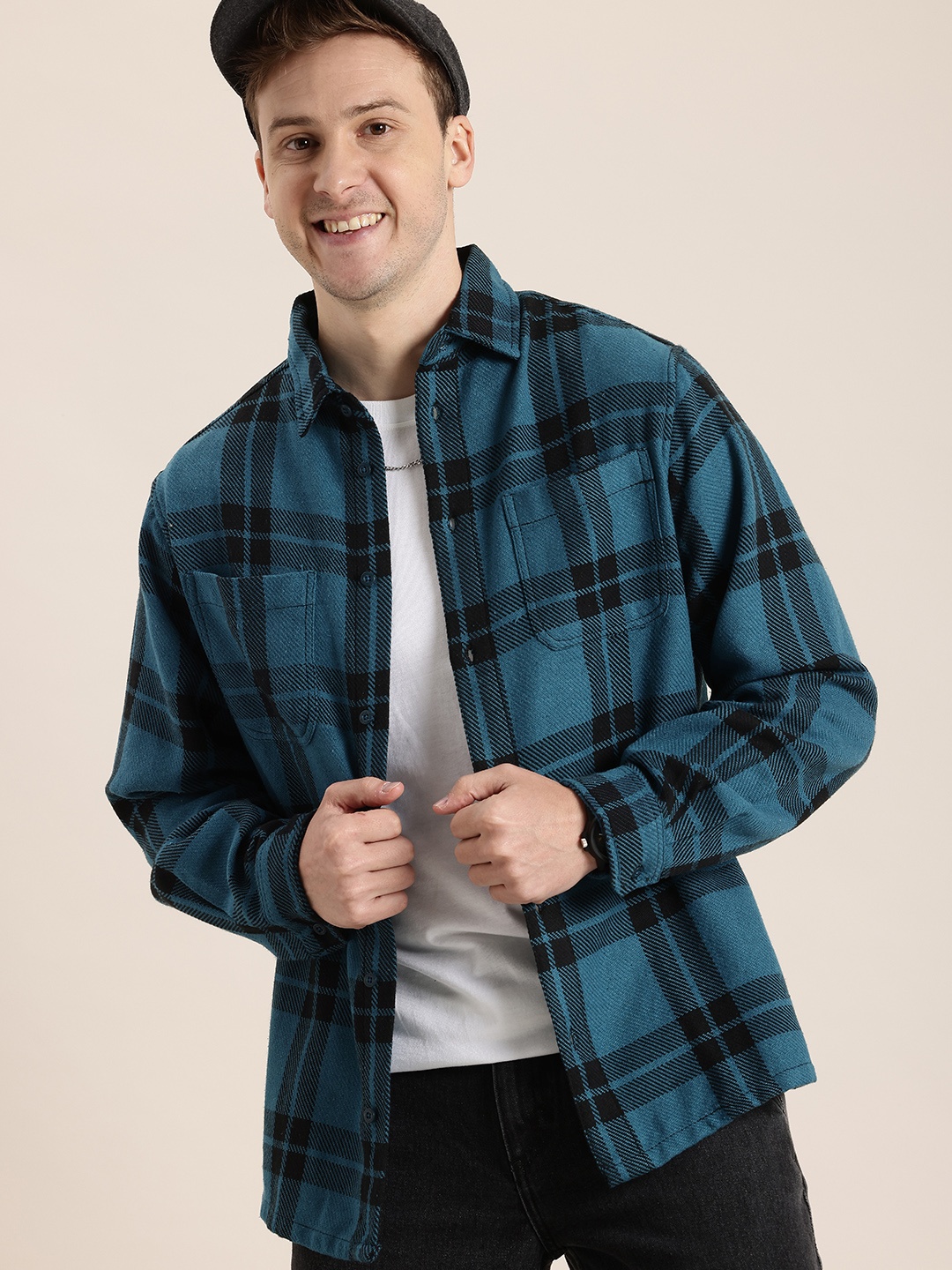 

HERE&NOW Flannel Checked Relaxed Fit Casual Shirt, Teal