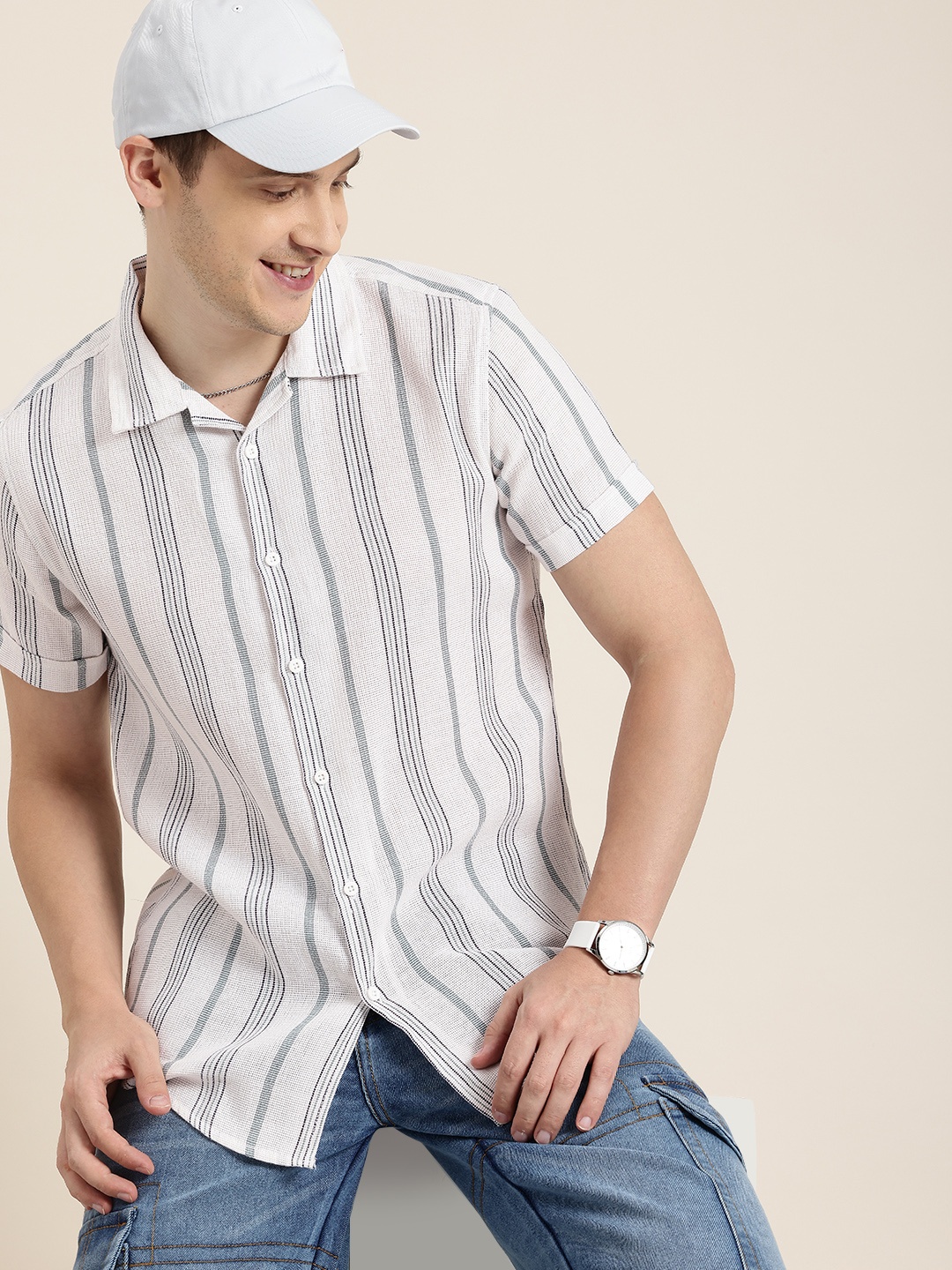 

HERE&NOW Striped Slim Fit Knitted Casual Shirt, White