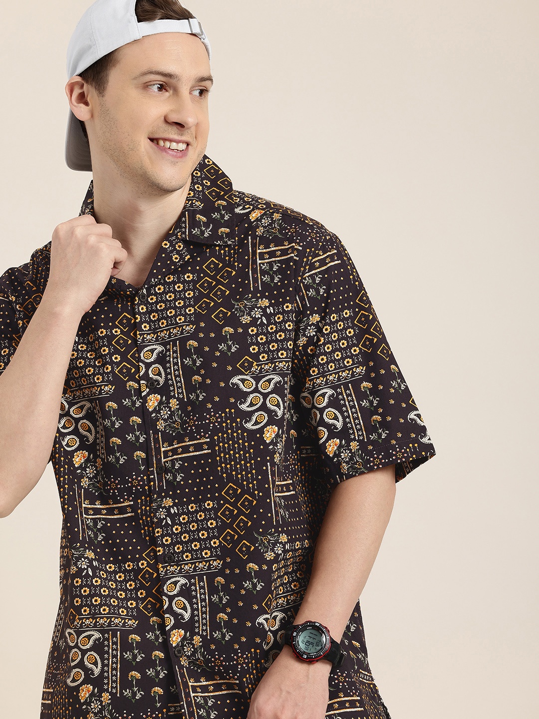

HERE&NOW Pure Cotton Floral Printed Relaxed Fit Casual Shirt, Navy blue