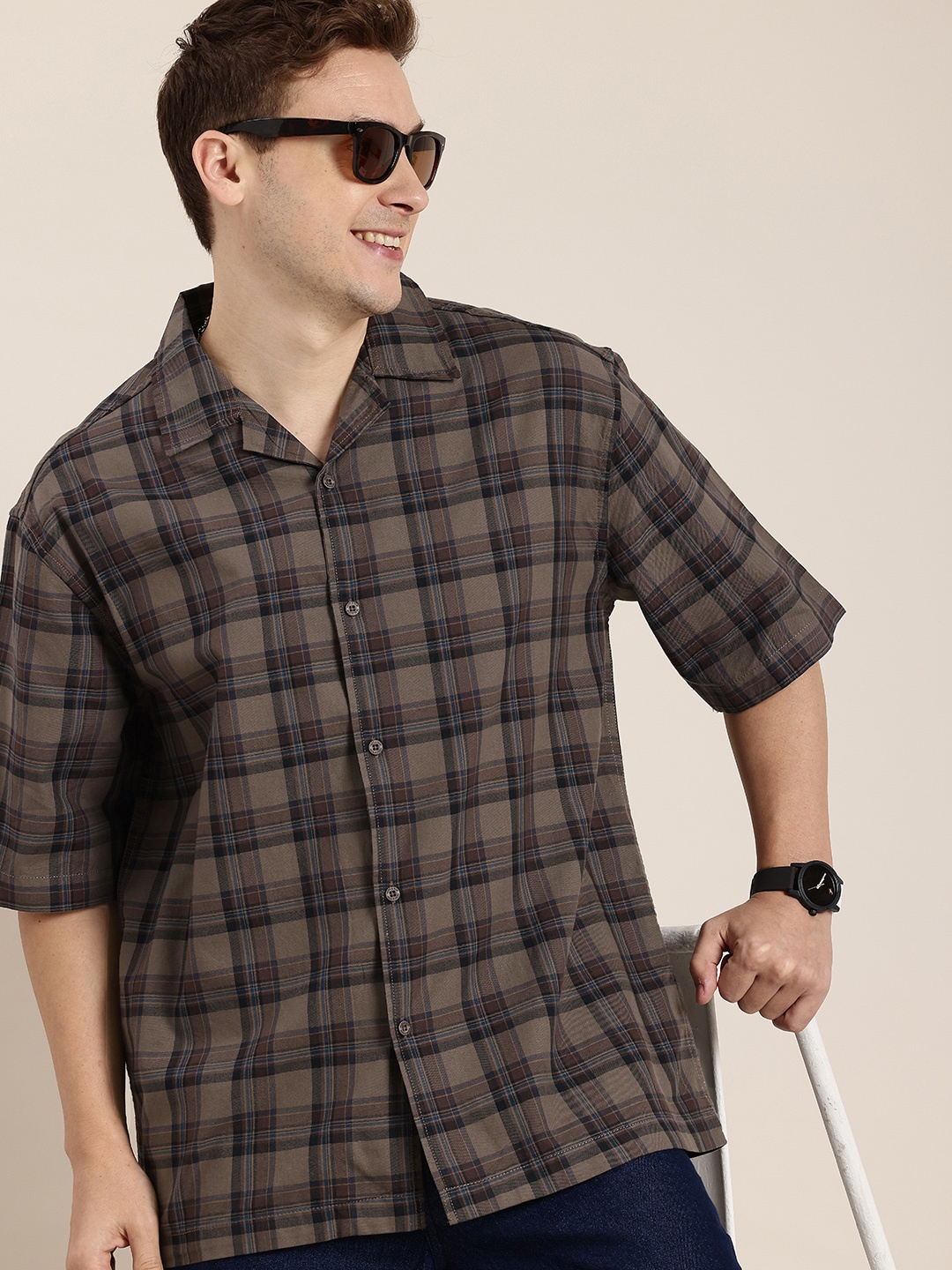

HERE&NOW Pure Cotton Checked Relaxed Fit Casual Shirt, Brown