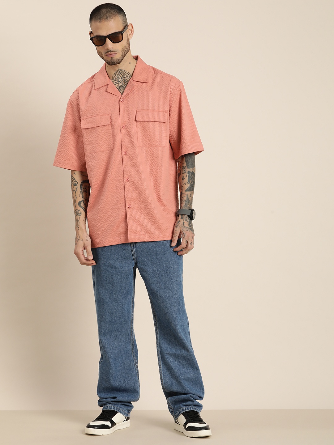 

HERE&NOW Textured Relaxed Fit Casual Shirt, Pink