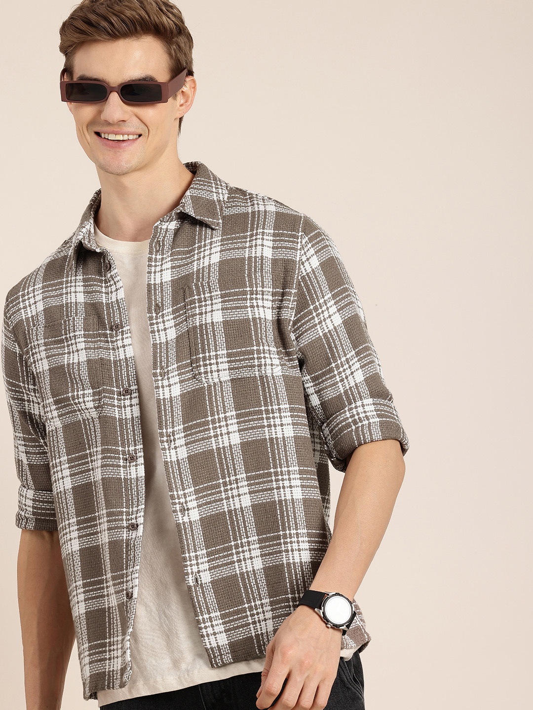 

HERE&NOW Opaque Checked Relaxed Fit Casual Shirt, Brown