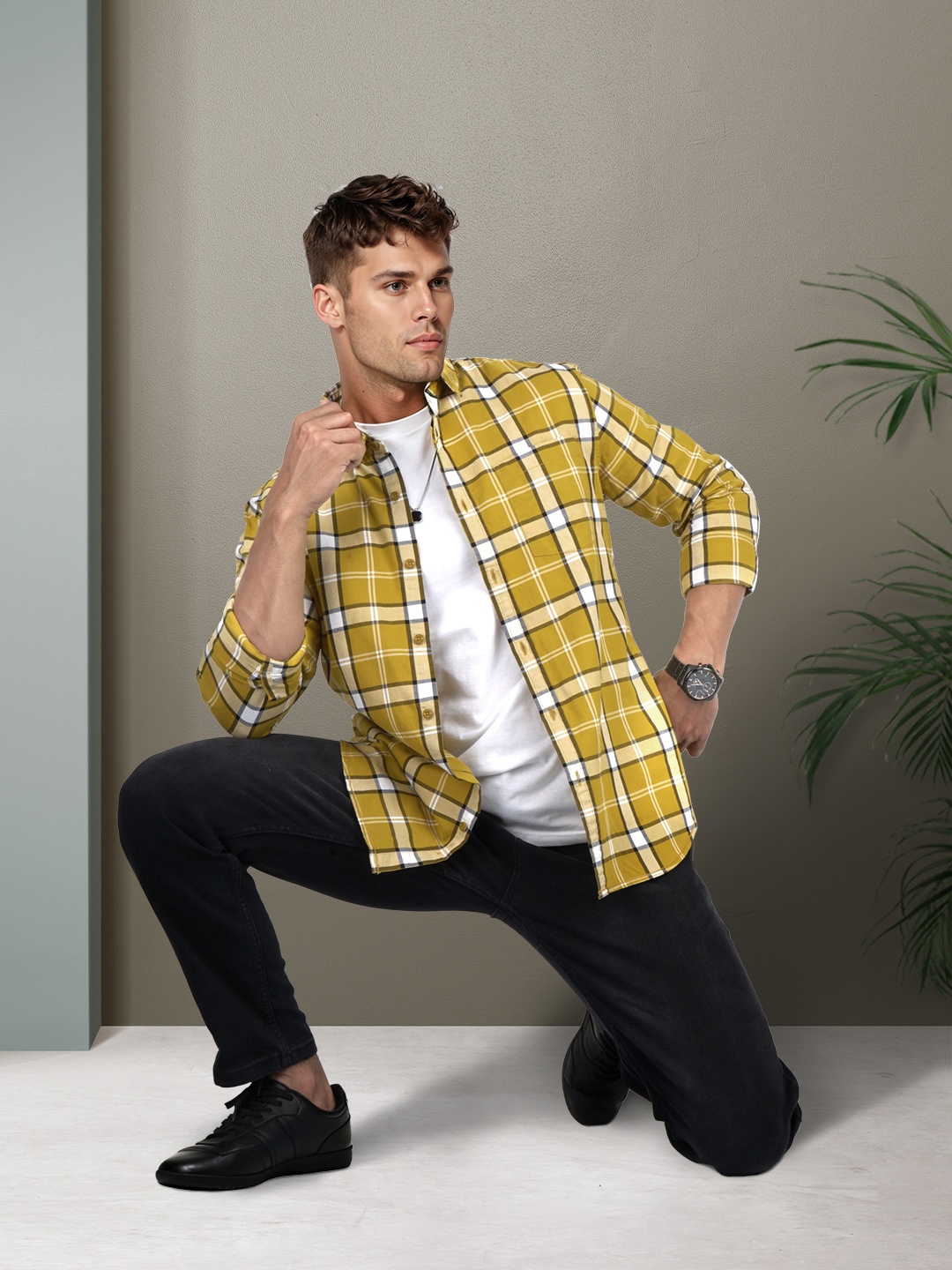 

HERE&NOW Pure Cotton Slim Fit Grid Tattersall Checked Casual Shirt, Mustard