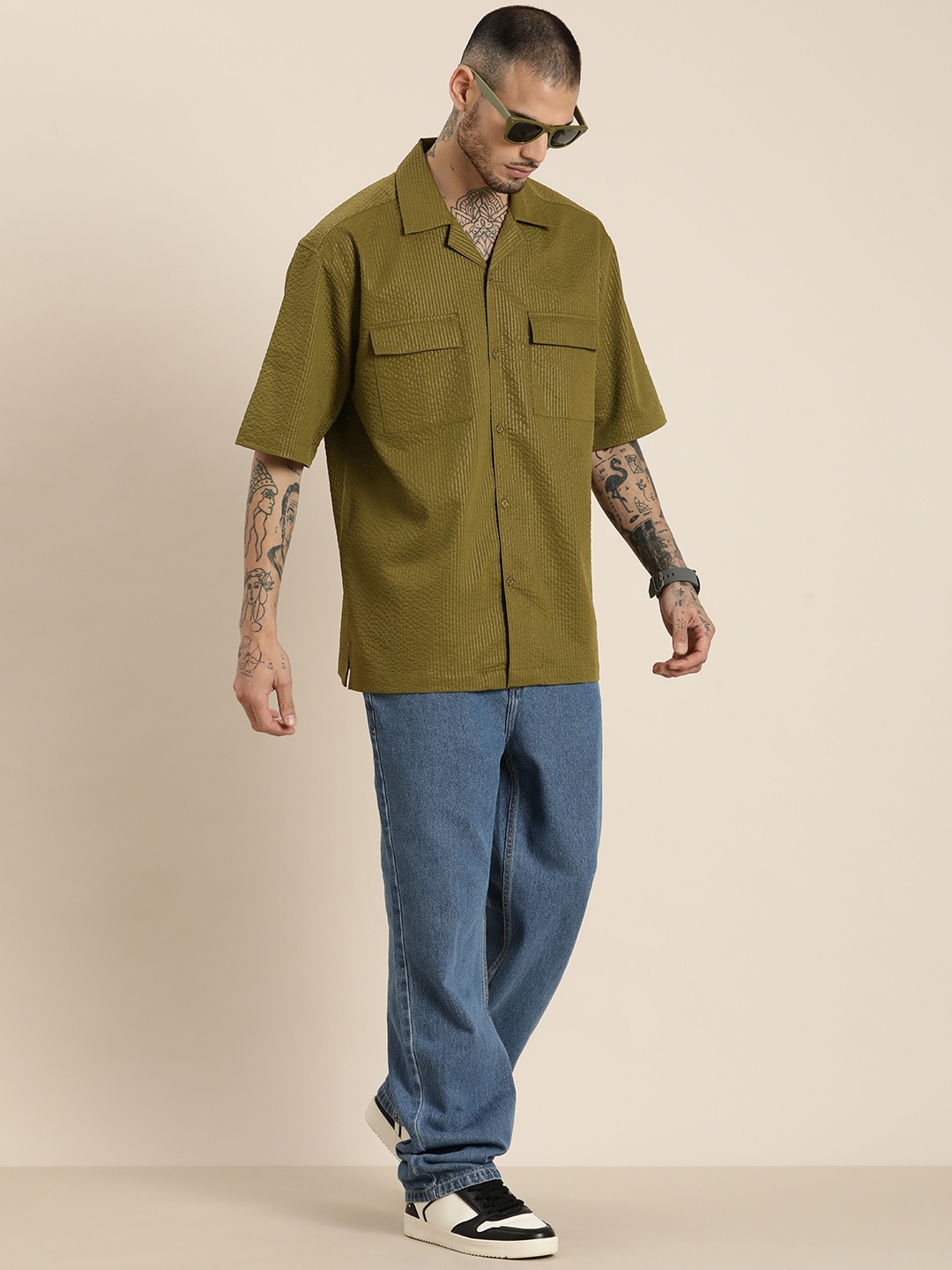 

HERE&NOW Textured Relaxed Fit Casual Shirt, Olive