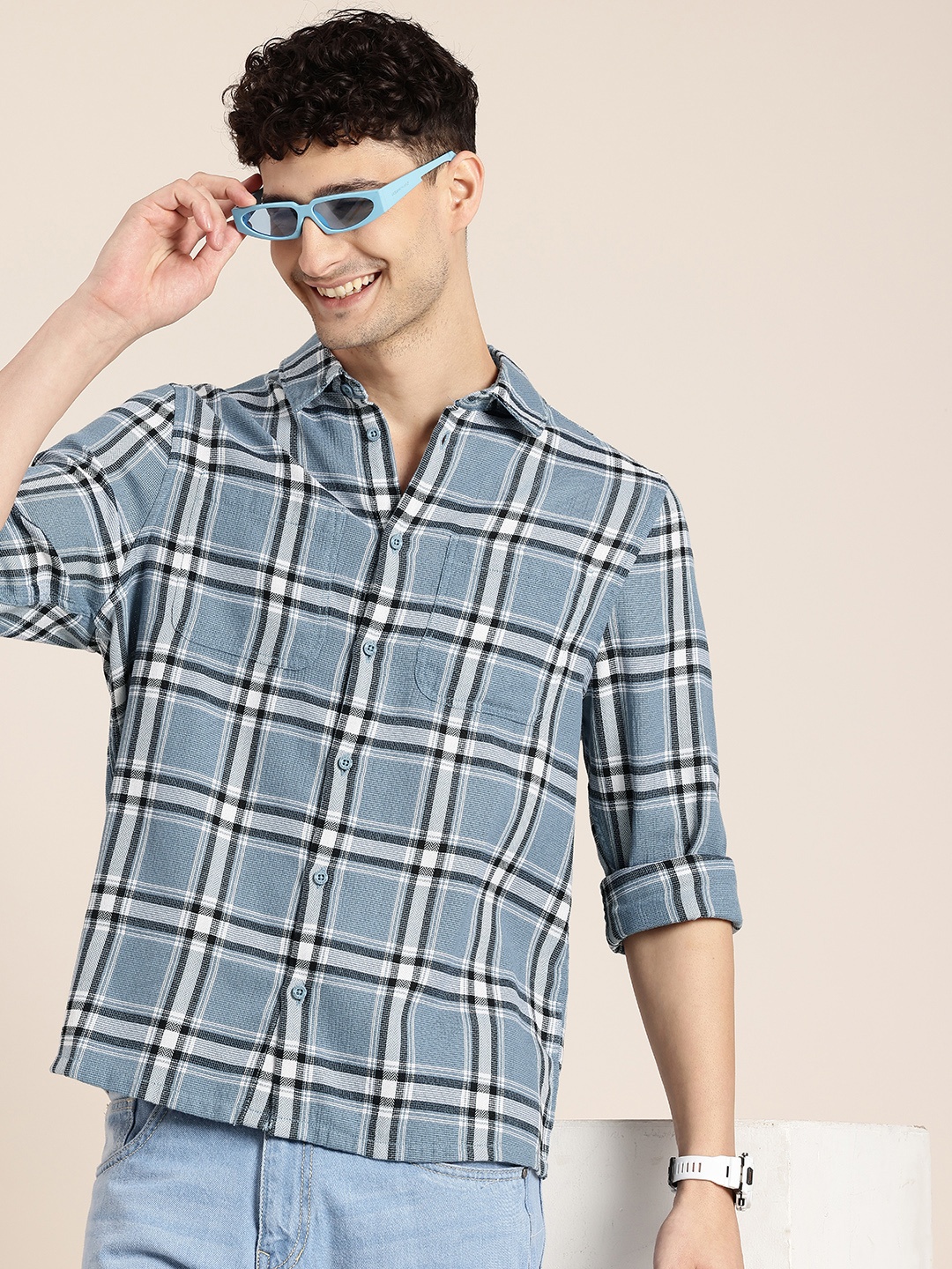 

HERE&NOW Opaque Checked Relaxed Fit Casual Shirt, Blue