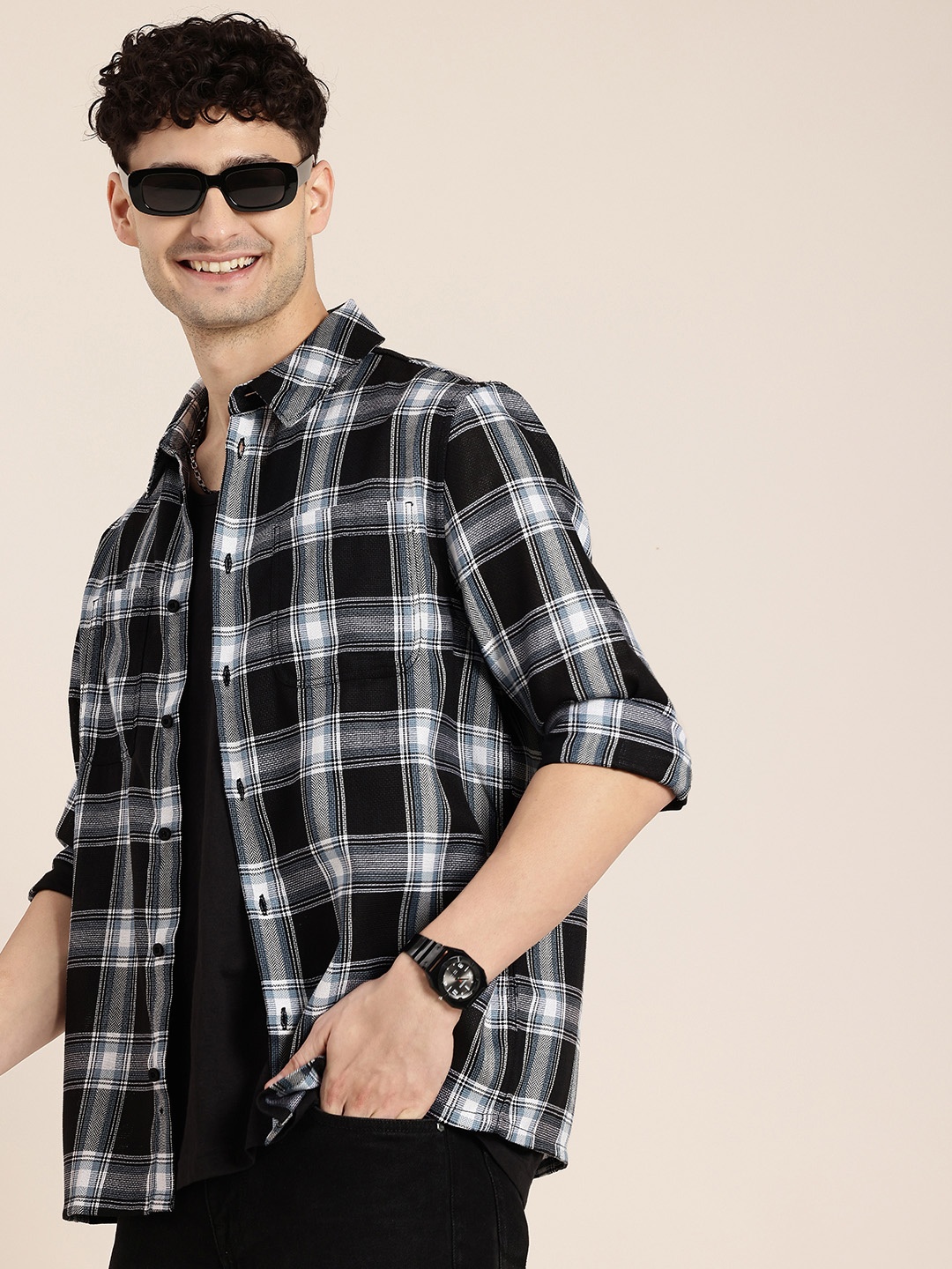 

HERE&NOW Checked Relaxed Fit Casual Shirt, Black