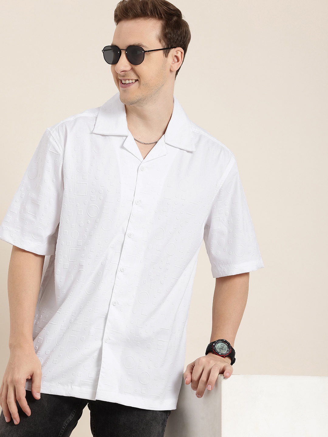 

HERE&NOW Relaxed Fit Geometric Self Design Embossed Casual Shirt, White