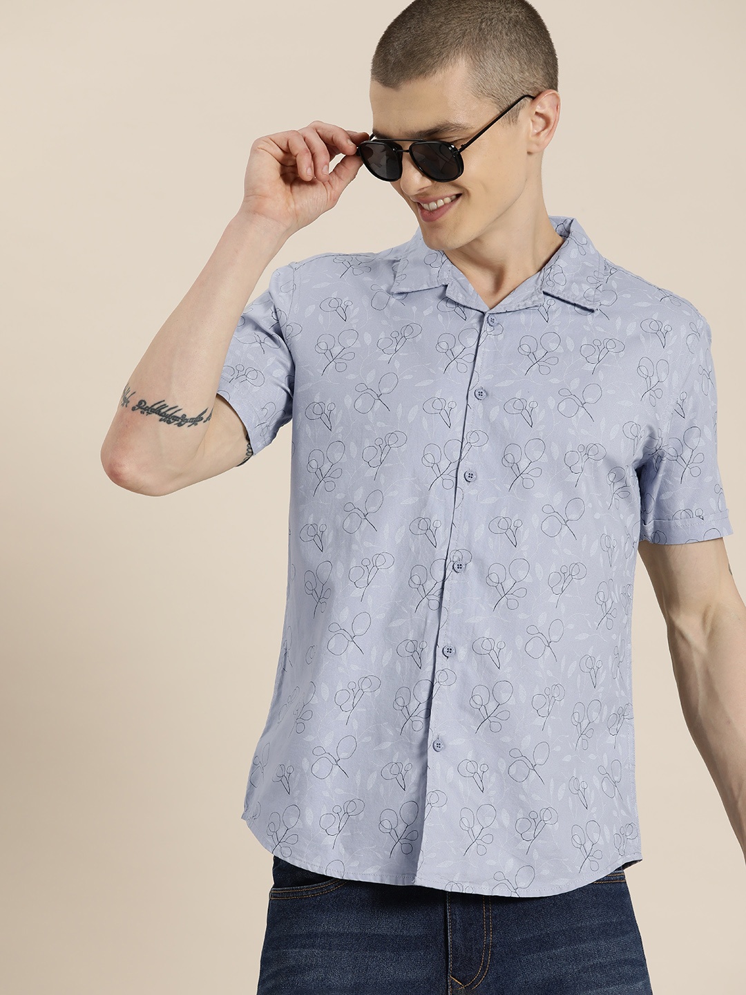 

HERE&NOW Men Slim Fit Printed Pure Cotton Casual Shirt, Blue