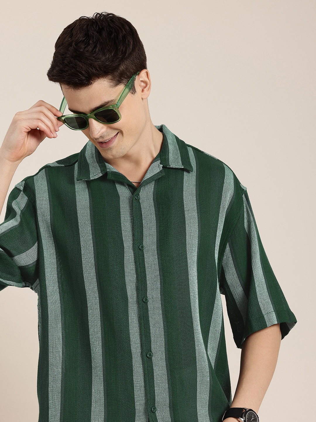 

HERE&NOW Opaque Striped Casual Shirt, Green